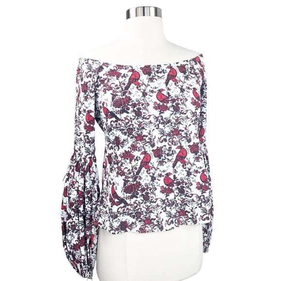 Caroline Constas off the shoulder red white floral damask bird top size Small - Picture 11 of 11